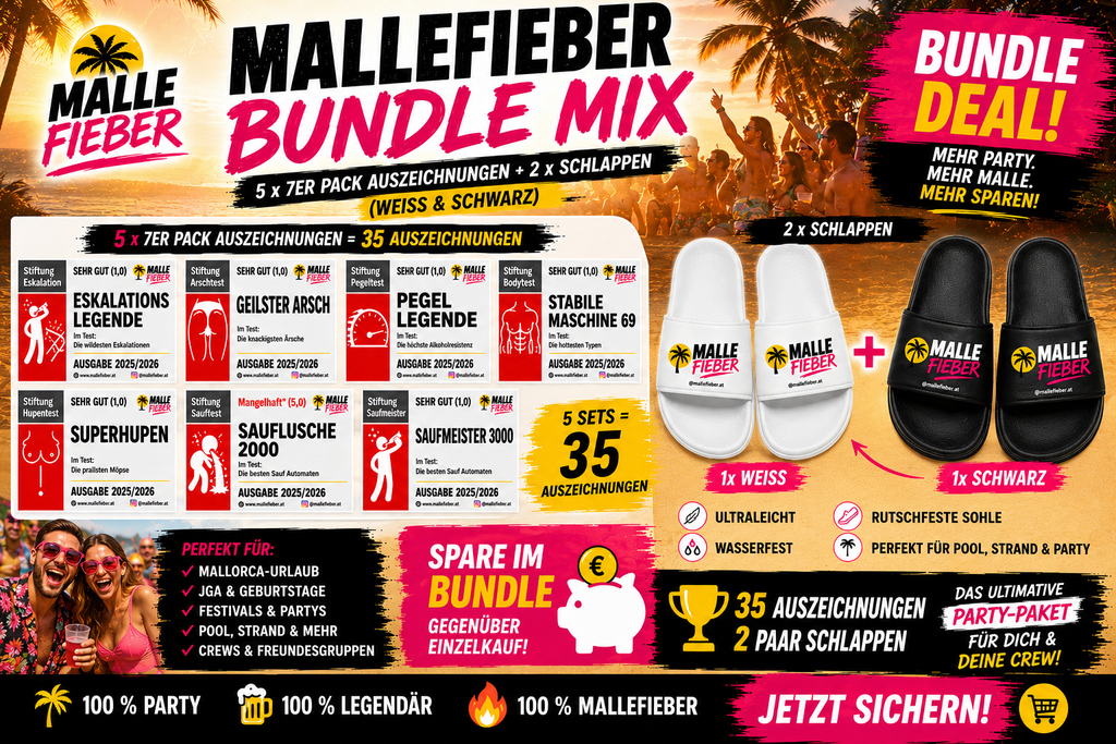 🌴 Mallefieber Mega Bundle 5 × 7er-Pack Auszeichnungen + 2 Paar Mallefieber Schlappen
