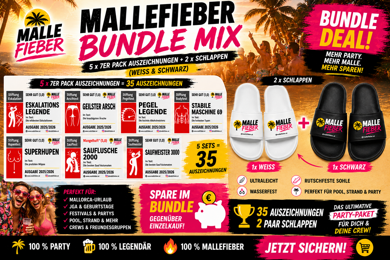 🌴 Mallefieber Mega Bundle 5 × 7er-Pack Auszeichnungen + 2 Paar Mallefieber Schlappen