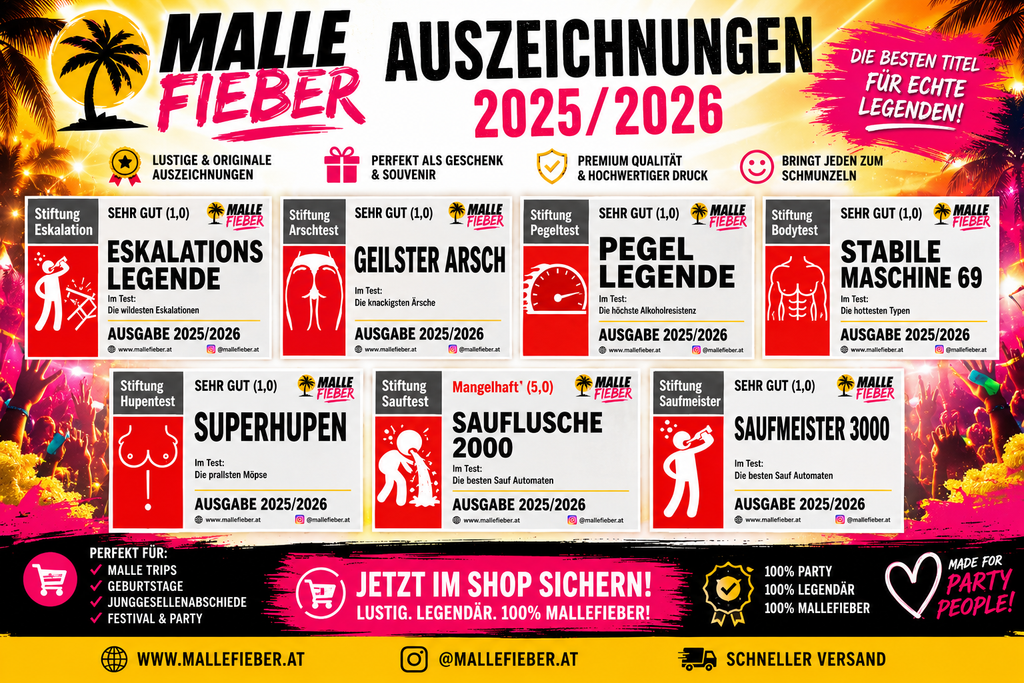 🌴 Mallefieber Mega Bundle 5 × 7er-Pack Auszeichnungen + 2 Paar Mallefieber Schlappen