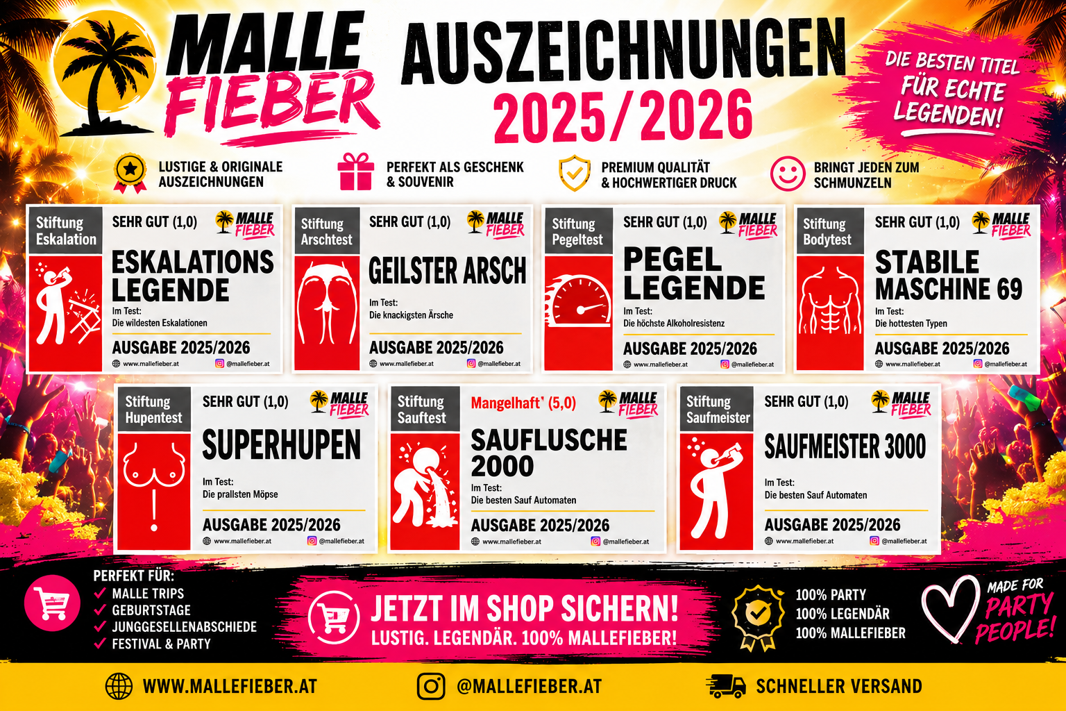 🏆🌴 Malle Fieber Auszeichnungen Sticker Bundle – 7 Mallorca Kult-Sticker